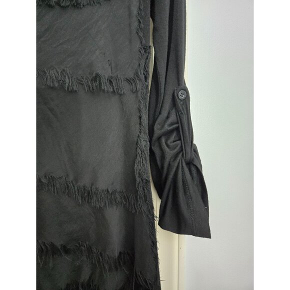 Black Long-Sleeve Fringe 100% Silk Layered Detail Dress W Roll Tab Sleeves Made - Picture 3 of 9